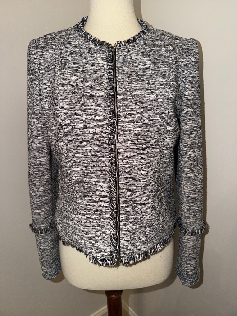 Gianni Bini Frayed Edge Zip Jacket - Gray/White
